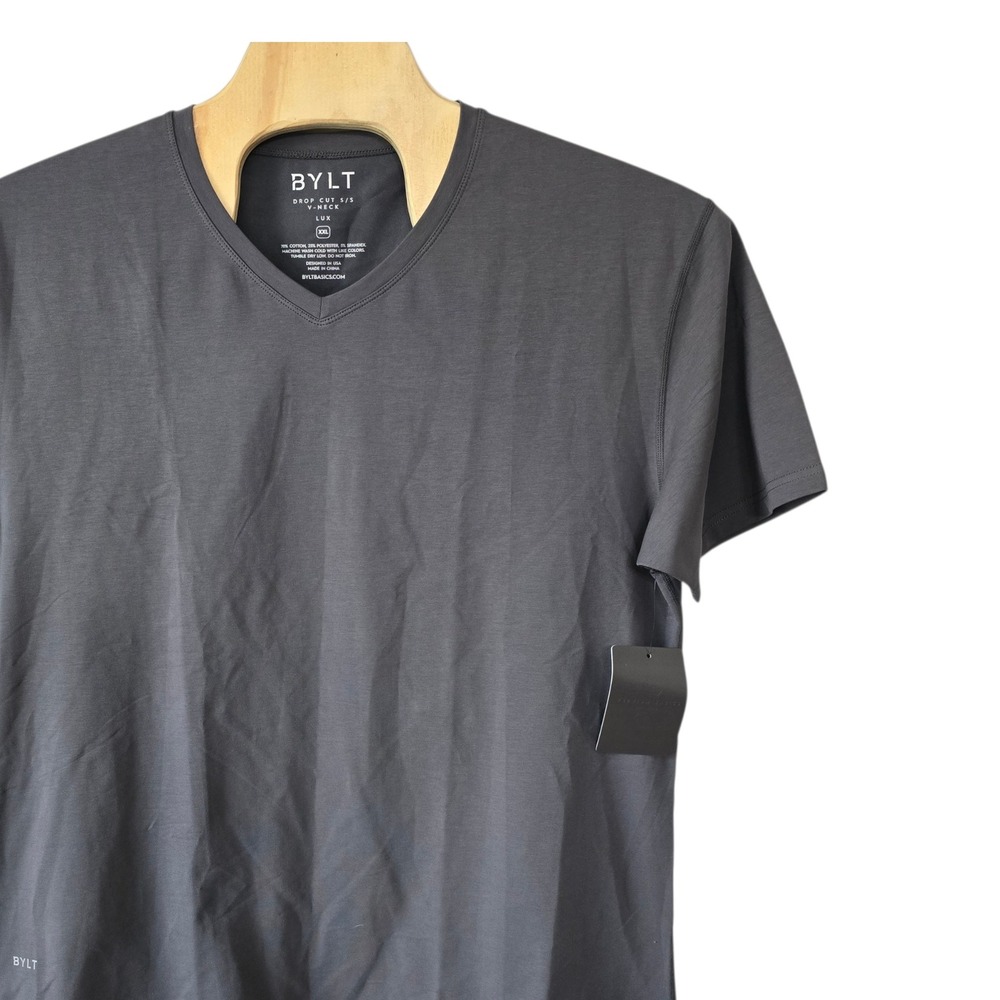 BYLT Basics Mens Drop Cut SS V-Neck Lux T-Shirt Charcoal Grey XXL New